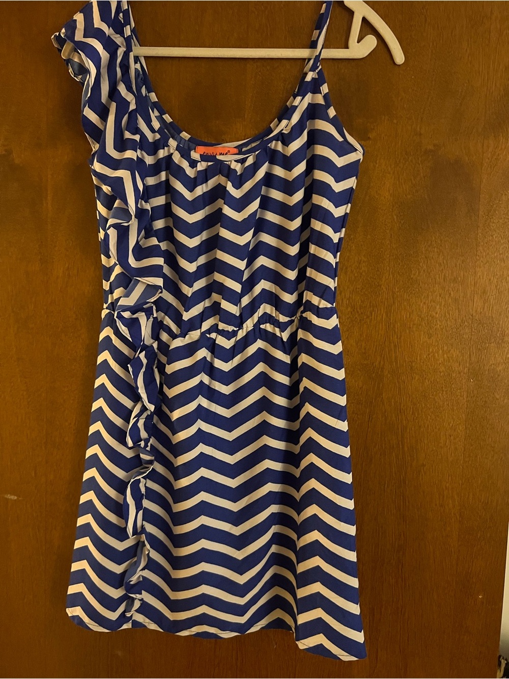 One-Shoulder Blue & White Chevron Casual Dress
